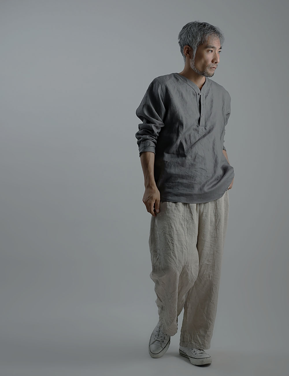 【wafu】Linen Shirt　スリーピングシャツ 男女兼用 / 鈍色(にびいろ) t030c-nib1