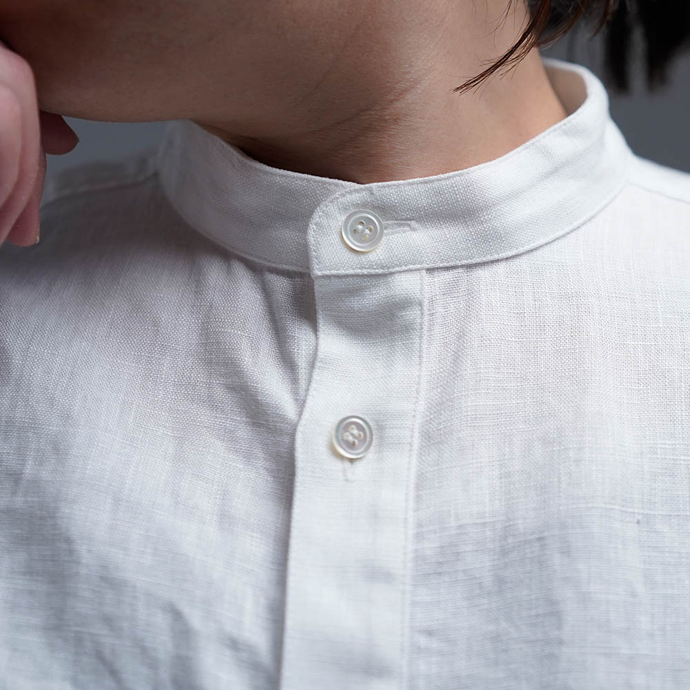 【入門編】数量限定！ ワンウォッシュ Linen Shirt スタンドカラー シャツ / ホワイト t031b-wht2