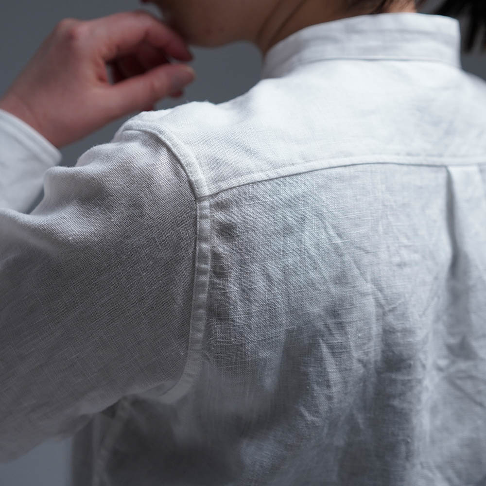 【入門編】数量限定！ ワンウォッシュ Linen Shirt スタンドカラー シャツ / ホワイト t031b-wht2