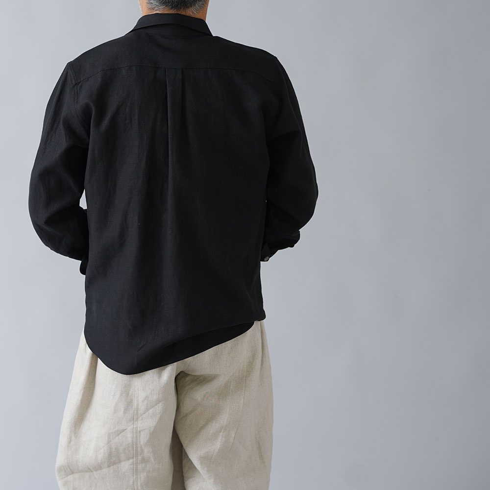 【wafu】超高密度リネン メンズ ピンタックシャツ やや薄地 60番/ブラック t032k-bck1-m