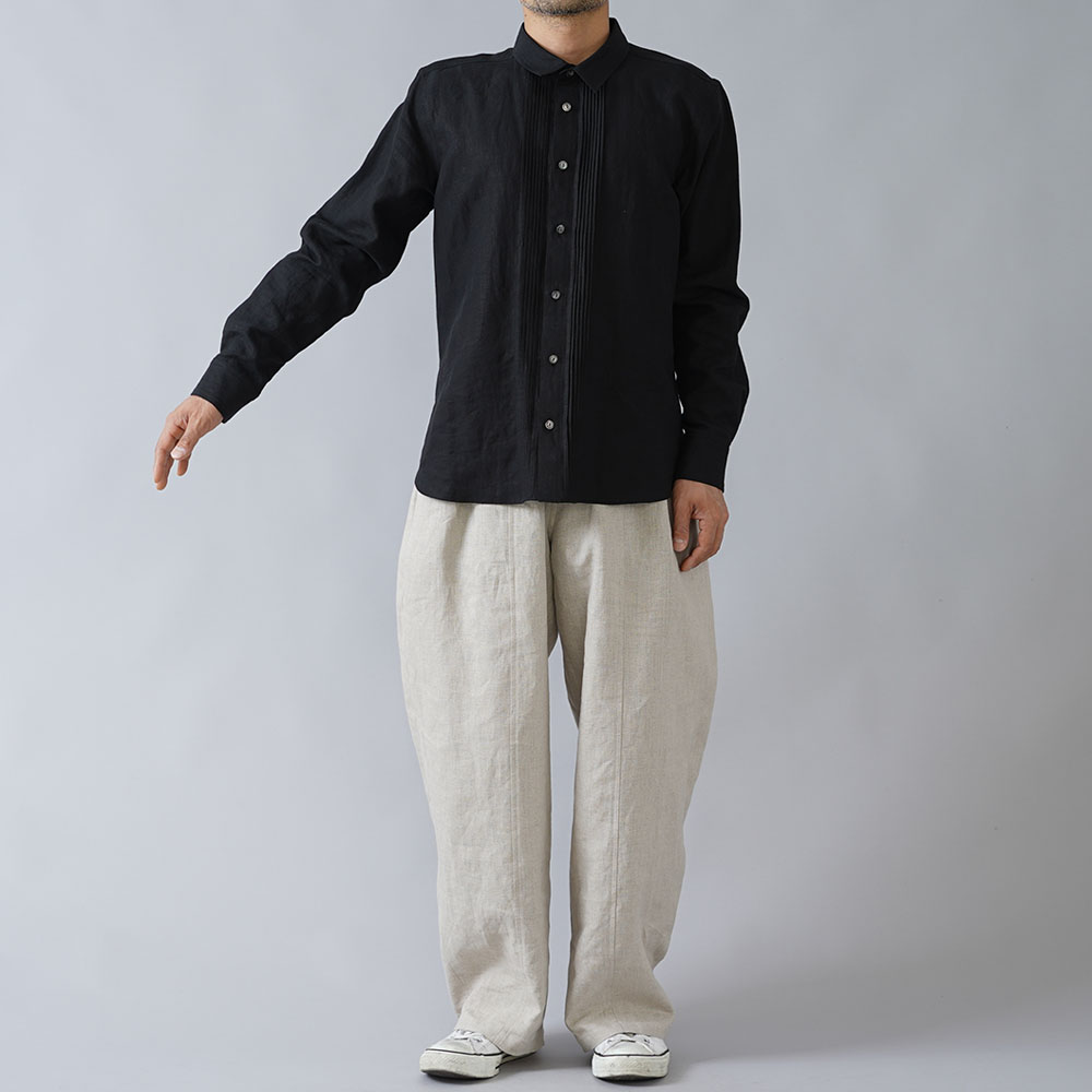 【wafu】超高密度リネン メンズ ピンタックシャツ やや薄地 60番/ブラック t032k-bck1-m
