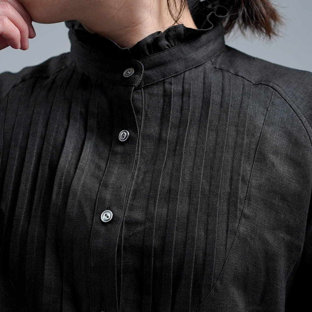 【wafu】Linen Shirt ピンタックシャツ スターチド・ブザム / ブラック t033a-bck2