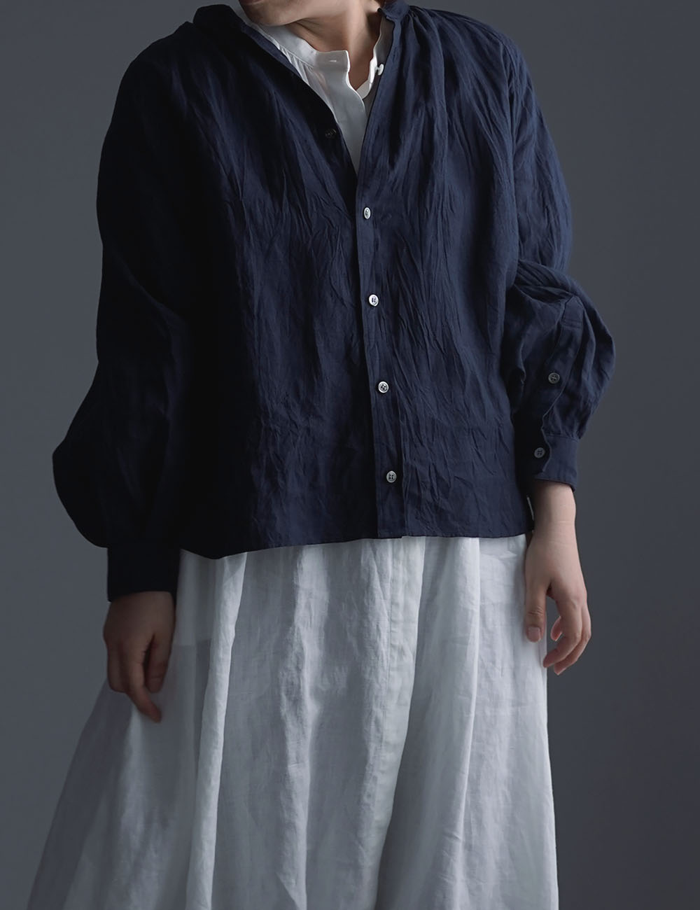 【wafu】 雅亜麻 linen shirt リネンシャツ 薄地 60番手 ハンドワッシャー /紺青(こんじょう) t034a-kju1