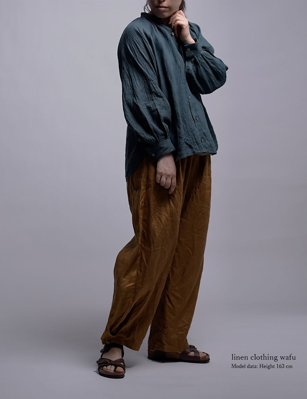 【wafu】 雅亜麻 linen shirt リネンシャツ 薄地 60番手 ハンドワッシャー / 金高麗納戸(こうらいなんど) t034a-kou1