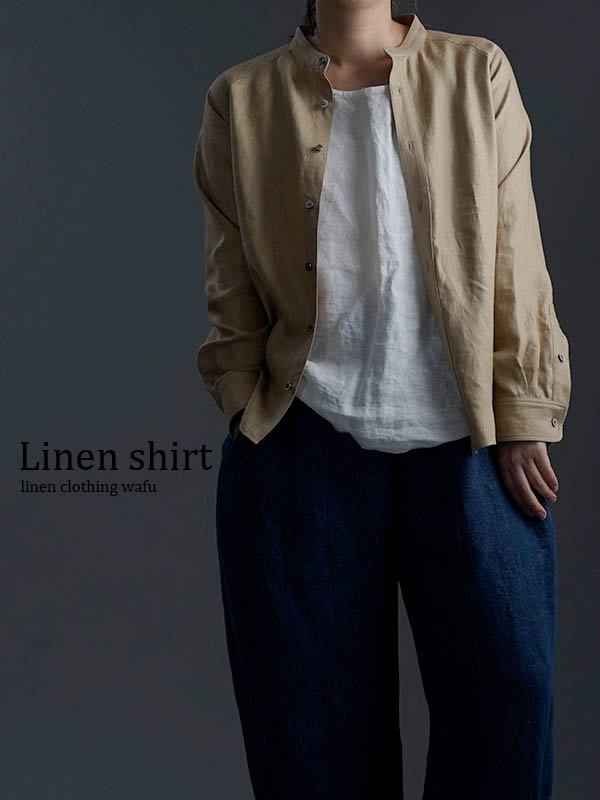 【プレミアム】リネンシャツ　美しさ極まる 絶品のスタンドカラーシャツ / シャンパン t034b-cmp3