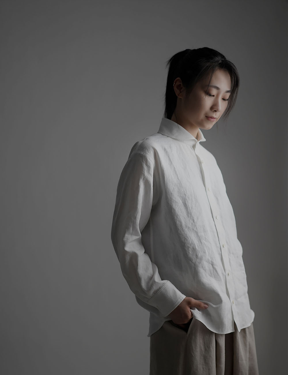 【wafu】linen Shirt ショールカラーシャツ　/白色 t036b-wht1