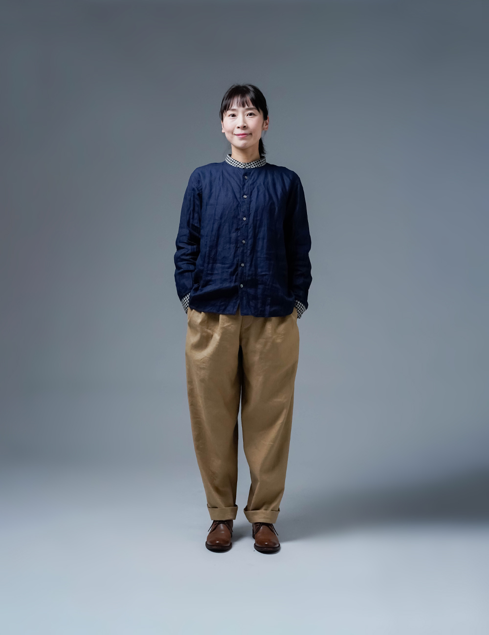 【wafu】襟ポケ袖チェックシャツ / 留紺 t036e-tmk1
