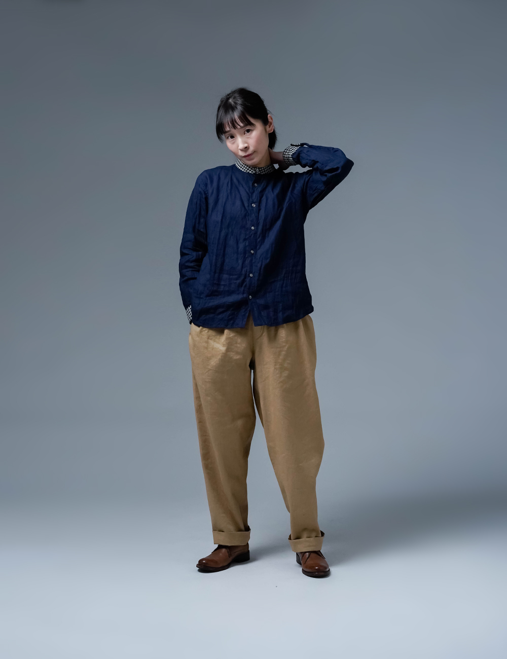 【wafu】襟ポケ袖チェックシャツ / 留紺 t036e-tmk1