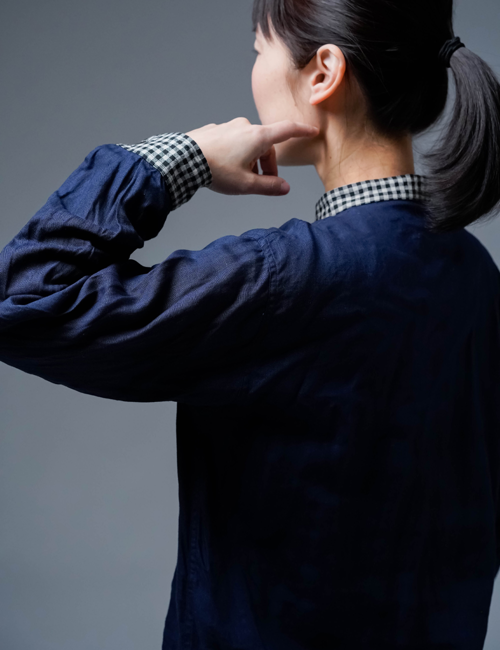 【早割】襟袖チェック柄 スタンドカラーシャツ / 留紺 t036e-tmk1