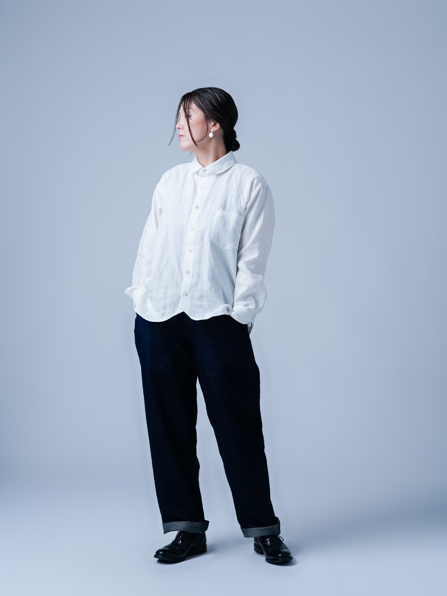 水*玉様 ★wafu. 高密度リネン ホワイト ポロシャツ 半袖(レディースL、 水*玉様 ☆wafu. 高密度リネン ホワイト ポロシャツ 半袖