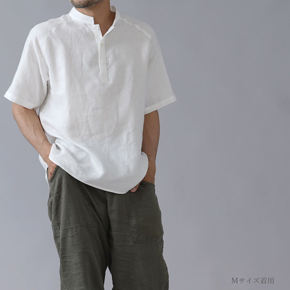 【5/24 21時～販売開始】【wafu】自分用に3枚いきます。リネンスタンドカラーシャツトップス 半袖 男女兼用 やや薄地 /ホワイト t038g-wht1