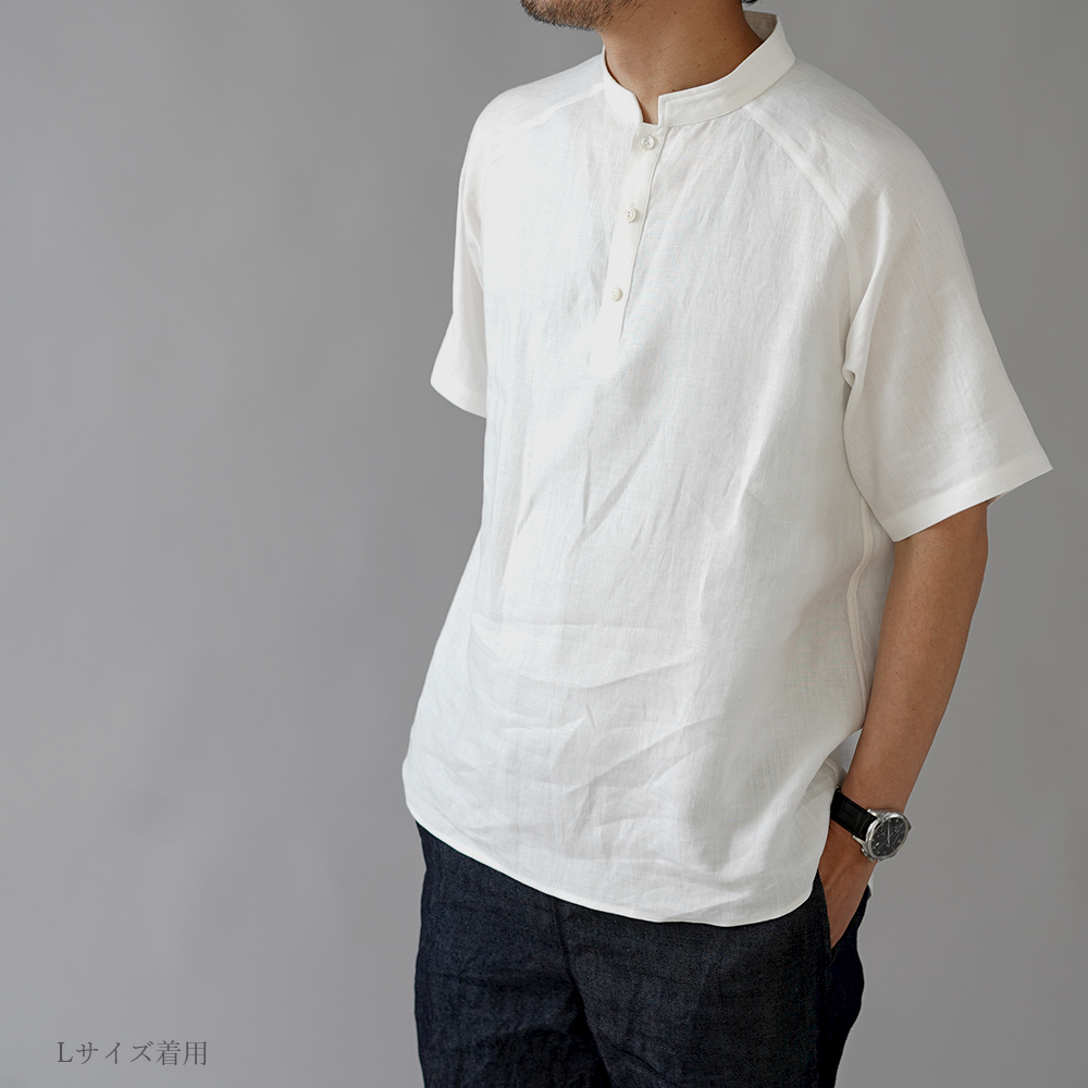 【リネントップス】オフィサーカラーシャツ / ホワイト t038k-wht1