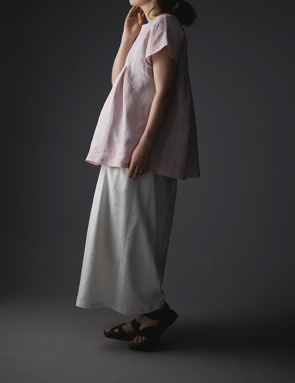 【wafu】雅亜麻 Double-pleated blouse 2重ヒダのリネンブラウス 薄地 / 桜色(さくらいろ) t039a-sak1