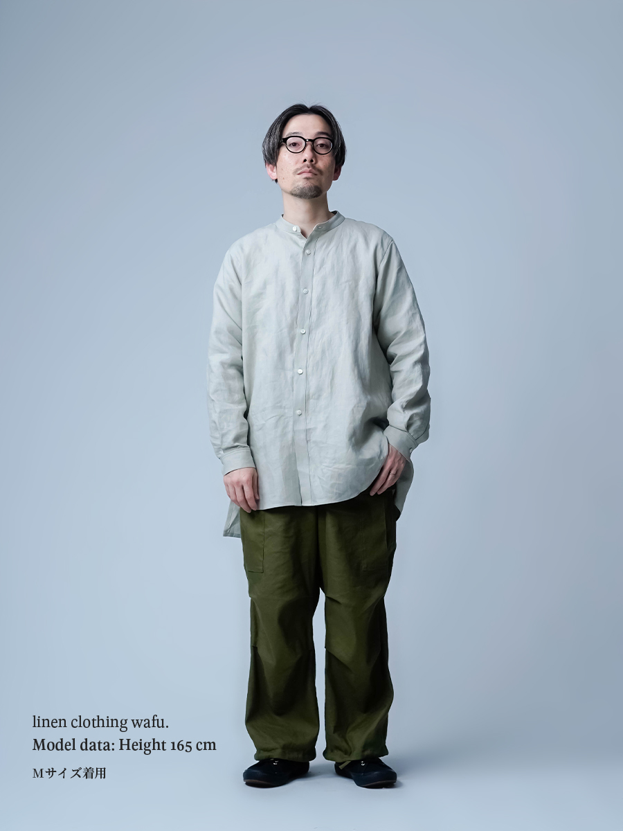 リネンシャツ】首のラインに沿う美しい！ バンドカラー ロングシャツ