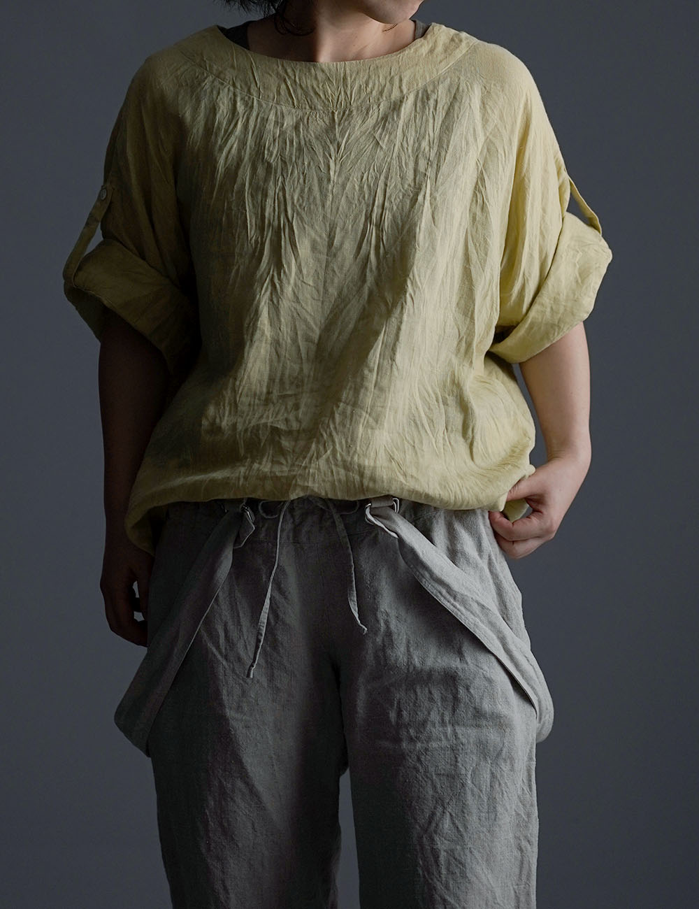 【wafu】雅亜麻 Linen blouse リネンブラウス ハンドワッシャー やや薄手 /金糸雀色(かなりあいろ) t041a-kai1