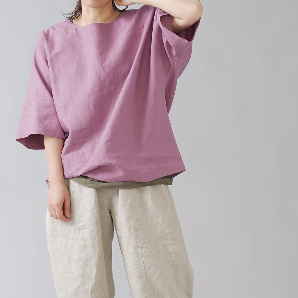 【wafu入門編】25着限定! 超高密度リネン 袖口カフス ゆったり チュニック ビッグT やや薄地 60番手/藤色(ふじいろ) t041c-fji1