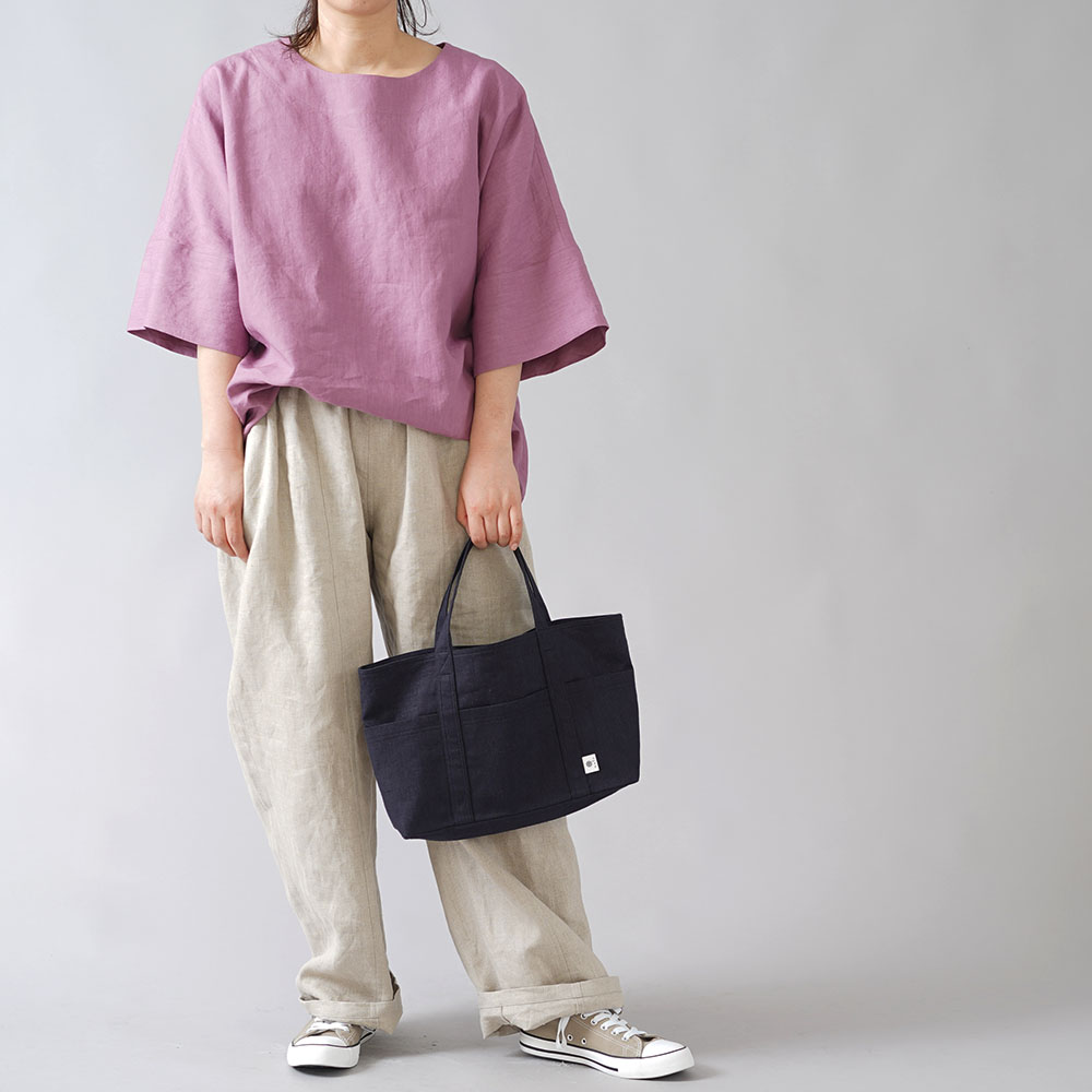 【wafu入門編】25着限定! 超高密度リネン 袖口カフス ゆったり チュニック ビッグT やや薄地 60番手/藤色(ふじいろ) t041c-fji1