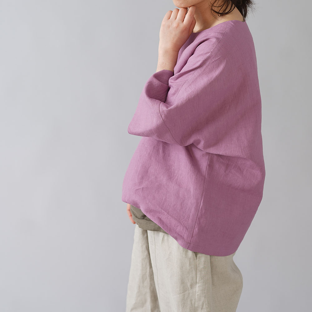 【wafu入門編】25着限定! 超高密度リネン 袖口カフス ゆったり チュニック ビッグT やや薄地 60番手/藤色(ふじいろ) t041c-fji1
