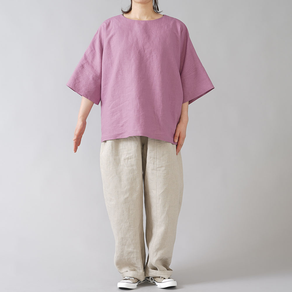 【wafu入門編】25着限定! 超高密度リネン 袖口カフス ゆったり チュニック ビッグT やや薄地 60番手/藤色(ふじいろ) t041c-fji1
