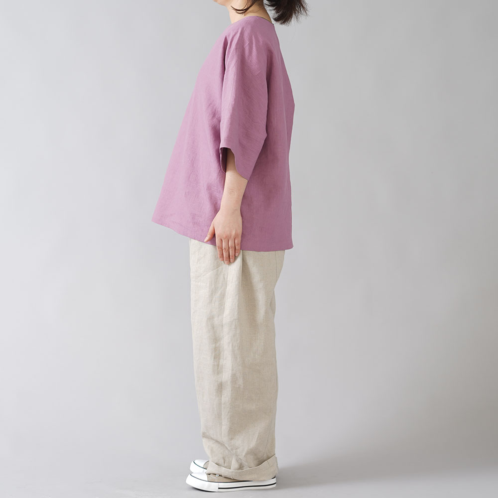 【wafu入門編】25着限定! 超高密度リネン 袖口カフス ゆったり チュニック ビッグT やや薄地 60番手/藤色(ふじいろ) t041c-fji1