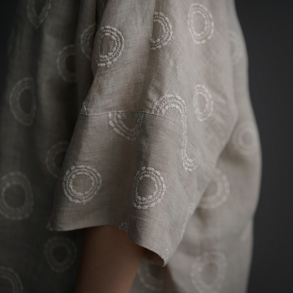 Linen embroidery　ビッグシルエット Tシャツ /サークル刺繍 亜麻ナチュラル t041h-ssa2