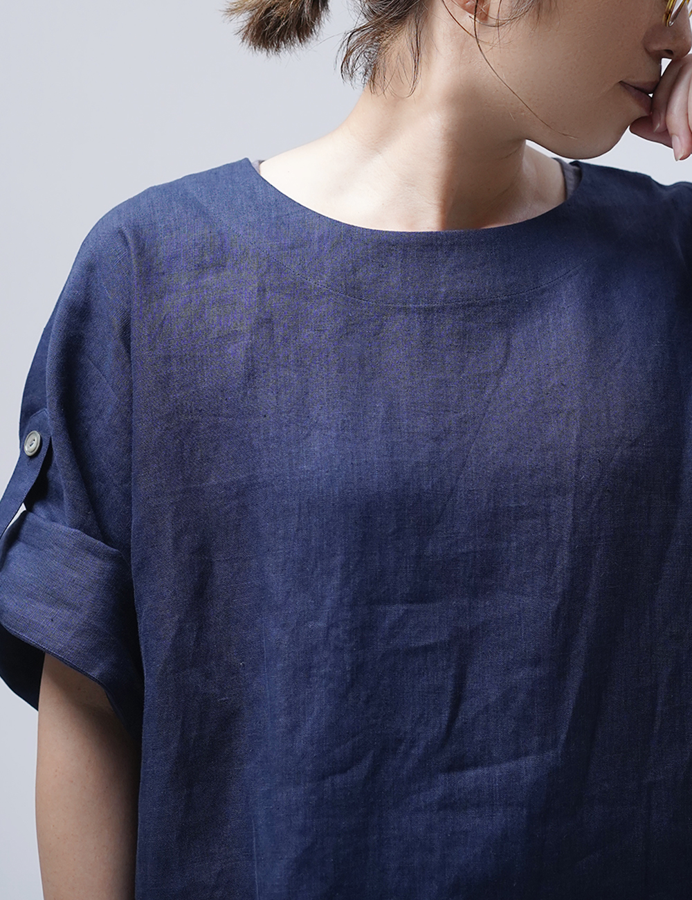 【リネントップス】風が通る ロールアップTシャツ/留紺(とめこん) t041k-tmk1