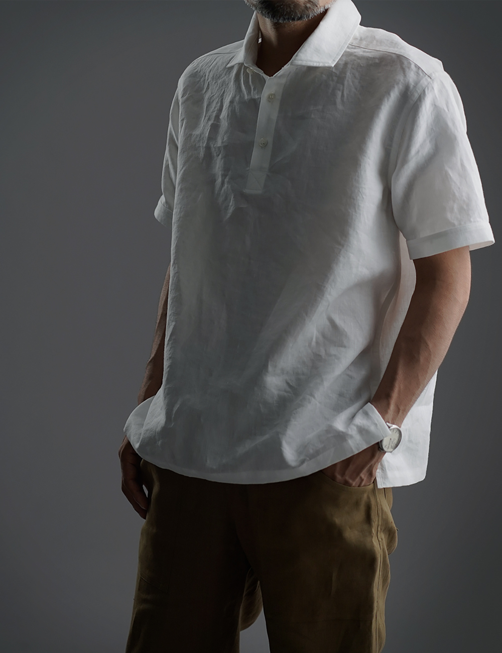 【wafu】Linen Polo Shirt　ポロシャツ　超高密度リネン /白色 t053a-wht1
